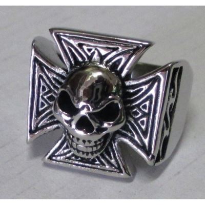 chevaliere croix de malte crane en relief 9us inox bague homme