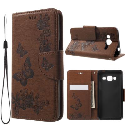 Etui en PU Imprint papillon fleur pour Samsung Galaxy J3 (2016) - Marron