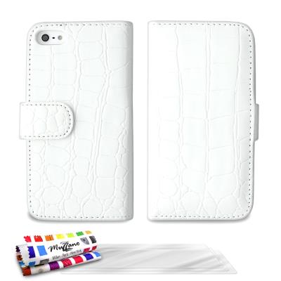 Etui Folio ORIGINAL , CroCoChic, Premium Blanc de MUZZANO pour APPLE IPHONE 5 + 3 Films de Protection Ecran UltraClear Pour APPLE IPHONE 5