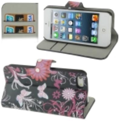 Iphone 5 / 5S : Coque Housse en Cuir (PU)  Fleurs Papillons