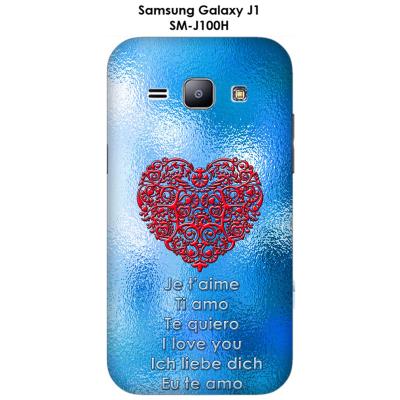 Coque Samsung Galaxy J1 - SM-J100H Fond bleu cœur rouge, Ti amo