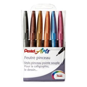 PENTEL POCHETTE DE 6 FEUTRES PINCEAUX À POINTE SOUPLE POUR ESQUISSE/CALLIGRAPHIE COULEURS ASSORTIES ARTIST