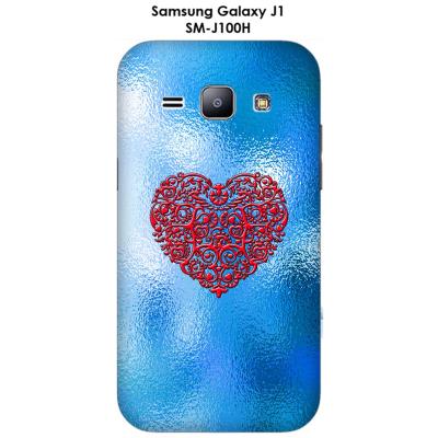 Coque Samsung Galaxy J1 - SM-J100H Fond bleu cœur rouge