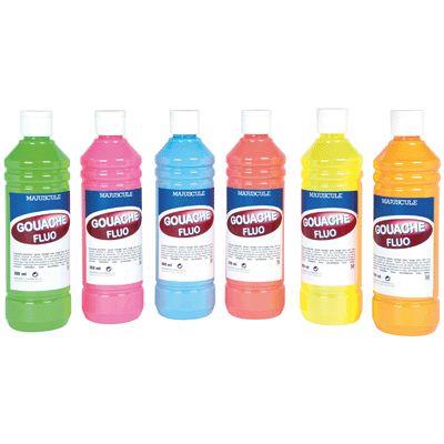 Carton de 6 flacons de 500 ml de gouache concentrée fluorescente. Couleurs assorties : bleu, jaune, rose, vert, rouge et orange