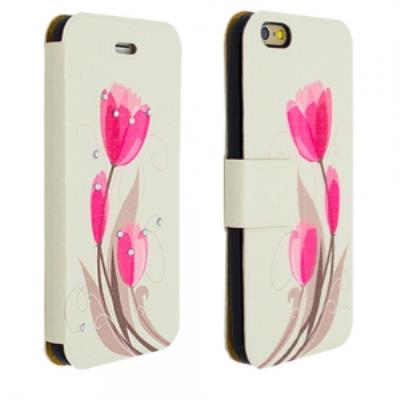 Etui Folio book à rabat latéral blanc cassé avec motifs fleuris et strass incrustés pour iPhone
