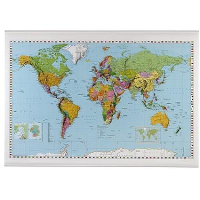 Franken carte du monde, lamin, (l)1.370 x (h)970 mm carte avec forme mtallique des 2 cts, inscriptible et nettoyable ... sec