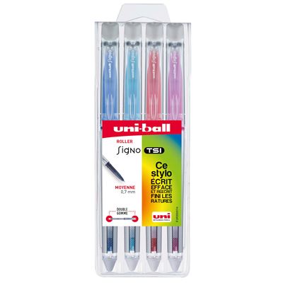 Pochette de 4 stylos rollers effaçable écriture moyenne n°2 - signo tsi