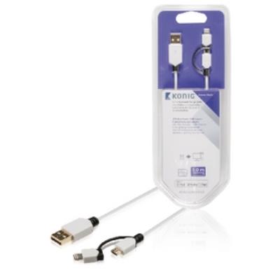 Câble de synchronisation et de charge, usb micro b mâle vers a mâle + adaptateur mâle lightning 8broches, 1m, blanc könig