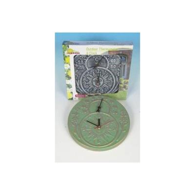 horloge + thermometre exterieur soleil terracotta pour jardin couleur verte