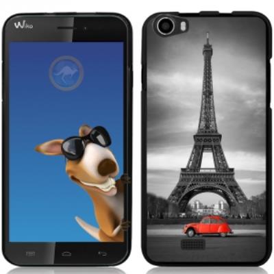 Coque Souple en gel noire pour Wiko Lenny avec impression Motifs Paris et 2CV rouge