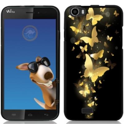 Coque Souple en gel noire pour Wiko Lenny avec impression Motifs papillons dorés