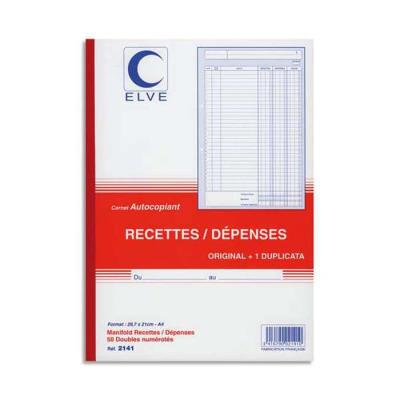 Lot de 5 Manifolds autocopiant recette/dépense format 21x29,7cm, 50 feuillets dupli