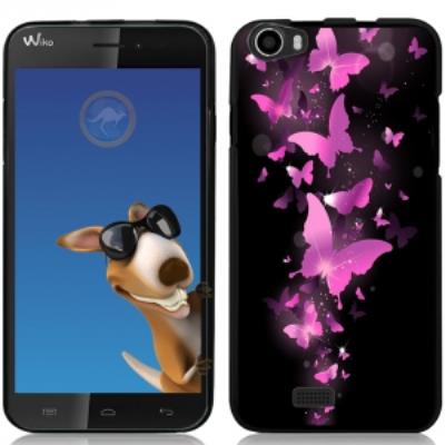 Coque Souple en gel noire pour Wiko Lenny avec impression Motifs papillons fushias