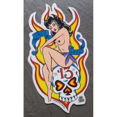 sticker pin up assises sur crane 13 flamme true love rockab
