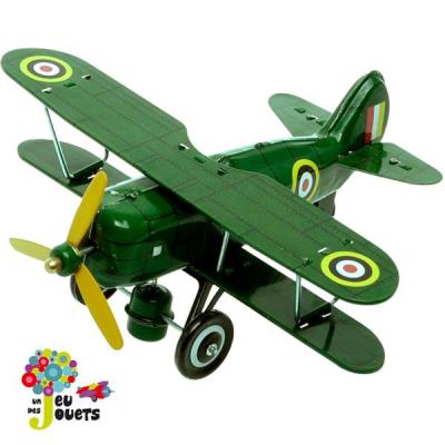 Avion biplan Curtiss vert Jouet mécanique en tole fer blanc jouet ancien a clé