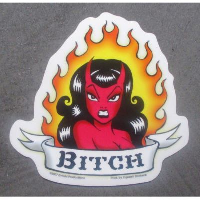 sticker diablesse bitch flammes autocollant rockabilly ext