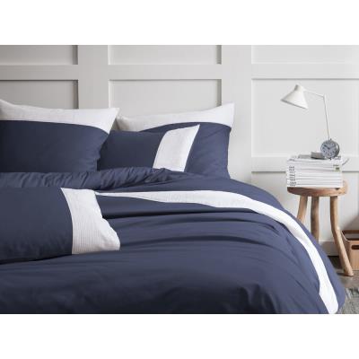 Taie d'oreiller unie 100% coton parement plissé contrasté CHALEUREUX GO�TER - Bleu Nuit - 65X65cm