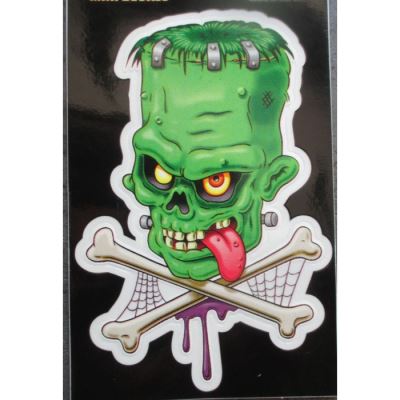 petit sticker monstre vert frankenstein et os croisé autocollant transparent