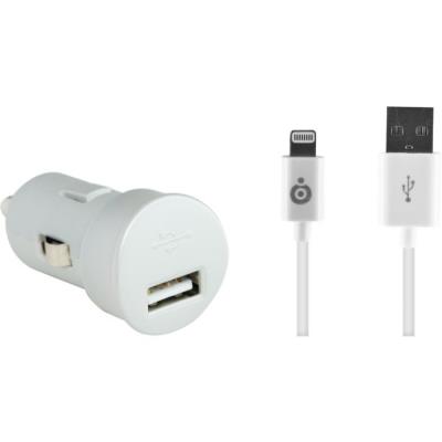 Mini chargeur allume-cigare blanc usb 2a avec câble usb connectique lightning bigben