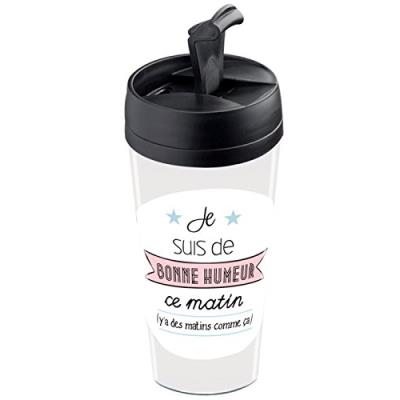 Wantit mug de voyage isotherme personnalisable motif bonne humeur plastique beige/rose/bleu 7,8 x 7,8 x 17,5 cm