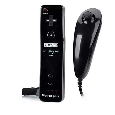 Télécommande Wiimote plus (Motion plus intégré) + Nunchuk compatible pour Nintendo Wii et Wii U avec Etui de Protection en Silicone - Noir - HobbyTech