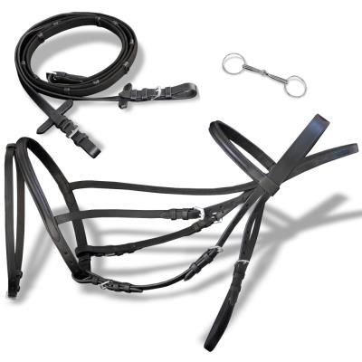 vidaXL Bride Flash en cuir avec rênes et embout poney Noir