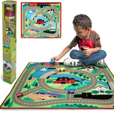Tapis de jeu circuit de voiture + 4 voitures bois 100x91cm pour chambre enfants