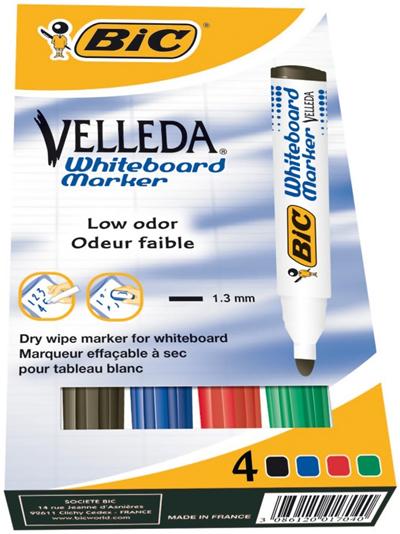 Marqueur Velleda 1701 Bic Effaçable à sec pointe ogive - Pochette x 4 couleurs