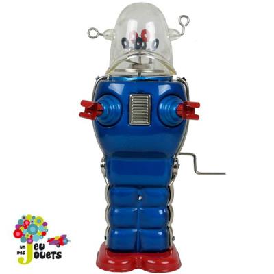 Robot Jouet mecanique manivelle Bleu Space trooper métal réédition jouet ancien