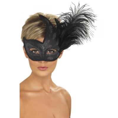 Masque vénitien noir avec une plume