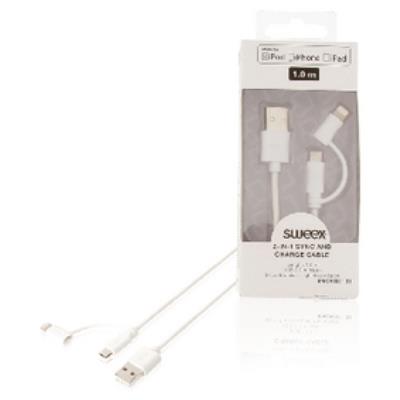 Câble De Synchronisation Et De Chargement 2 En 1, Usb 2.0 A Mâle Vers Micro B Mâle Avec Adaptateur Lightning, Longueur 1M, Blanc