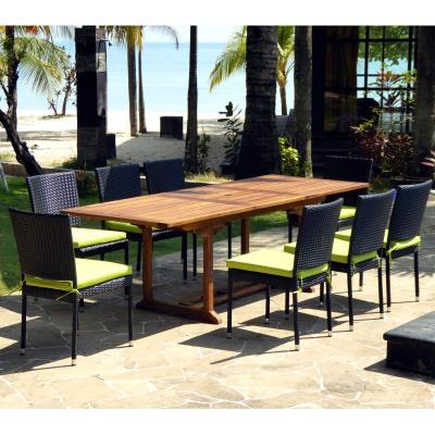 salon de jardin en teck huile et résine tressée table 180-240 cm + 8 chaises en résine noir
