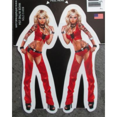 petit sticker pin up sexy avec vetements cuir rouge botte noireautocollant transparent