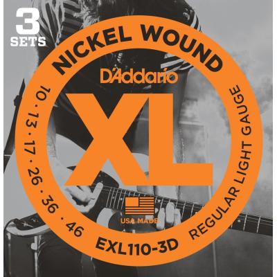 D'ADDARIO EXL110-3D XL NICKEL WOUND JEU DE CORDES POUR GUITARE ÉLECTRIQUE TIRANT REGULAR LIGHT (.010-.046) PACK DE 3