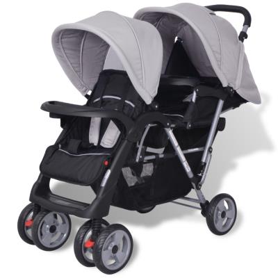 vidaXL Poussette à deux places Acier Gris et noir