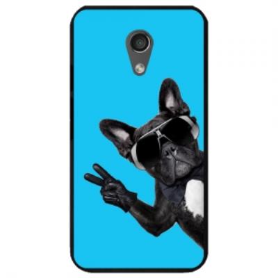 Coque noire pour Motorola Moto-G2 impression chien à lunette sur fond bleu