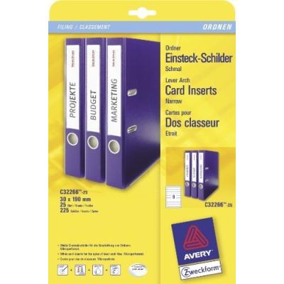 AVERY - ZWECKFORM ÉTIQUETTE BRISTOL POUR CLASSEUR, ÉTROIT, COURT, BLANC, 170 G/M2, DIMENSIONS: (L)30 X (H)190 MM CONTENU: 225 ÉT