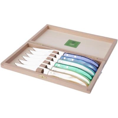CLAUDE DOZORME 2.13.001.14 BERLINGOT COFFRET HÊTRE 6 COUTEAUX MANCHE PANACHE BLEU / VERT