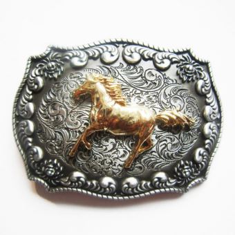 Boucle de ceinture cheval doré et fond floral style western, cow-boy