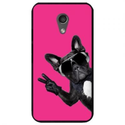 Coque noire pour Motorola Moto-G2 impression chien à lunette sur fond fushia