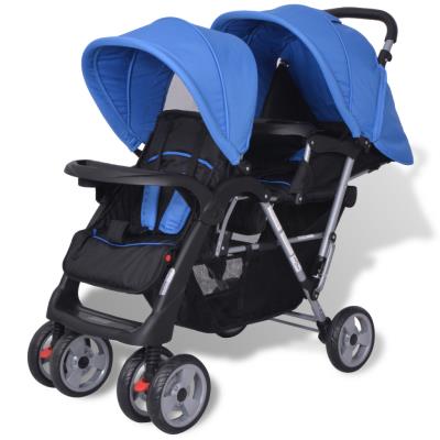 vidaXL Poussette à deux places Acier Bleu et noir