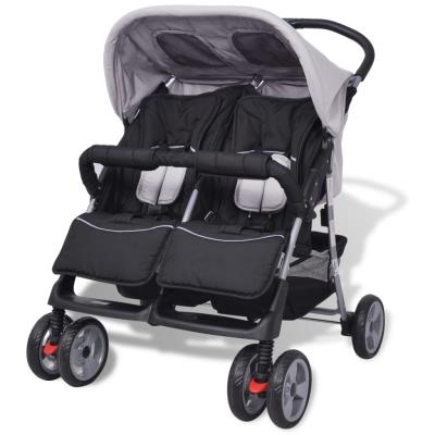 vidaXL Tweelingkinderwagen staal grijs en zwart