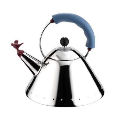 A di alessi 9093 bouilloire en acier inoxydable 18/10 avec poignée et sifflet-oisillon en pa - bleu clair