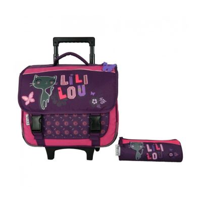 Cartable à roulettes 38cm + Trousse Lililou Chat Prune