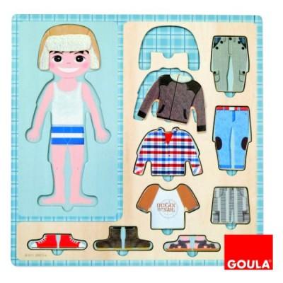 Goula - Puzzle 10 pièces en bois - Petit garçon s'habille