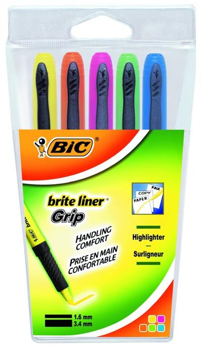 BIC Highlighter Grip pointe biseautée Étui carton de 5 couleurs fluo assorties