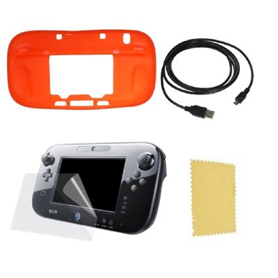 Pack 3 en 1 Nintendo Wii U Gamepad : Housse silicone Rouge - Chargeur USB 3.0 - Protection écran - Straße Game ®