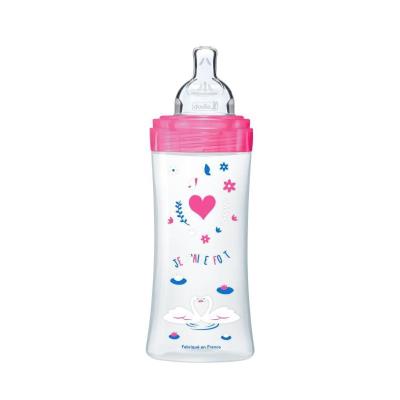 Dodie biberon sensation+ 330ml fushia cygnes +6 mois tétine plate débit 3