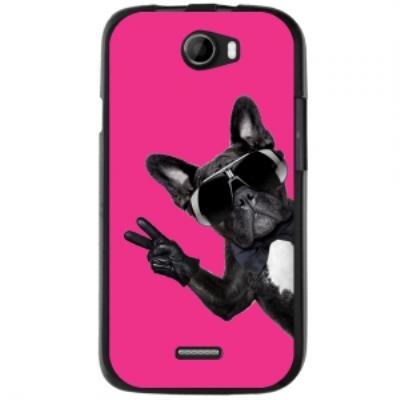 Coque noire pour Wiko Barry impression chien à lunettes sur fond fushia