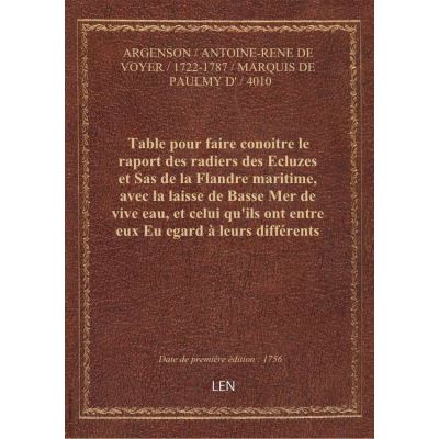 Table pour faire conoitre le raport des radiers des Ecluzes et Sas de la Flandre maritime, avec la laisse de Basse Mer de vive eau, et celui qu'ils ont entre eux Eu egard à leurs différents niveaux